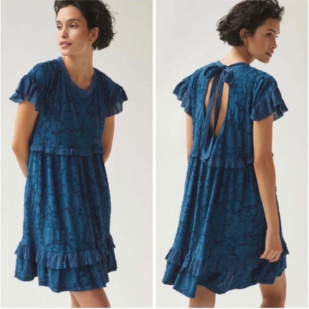 Blue Ruffled Mini Dress with Open Back Tie
